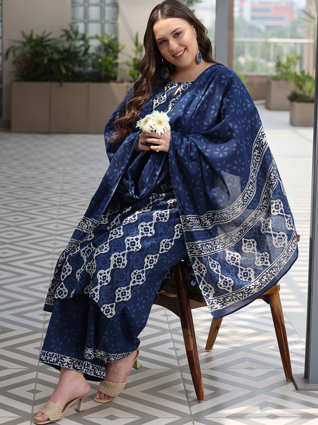 EXTRA LOVE BY LIBAS Plus Size Ethnic Motifs Printed Pure Cotton Kurta & Palazzo & Dupatta, Blue
EXTRA LOVE BY LIBAS Plus Size Ethnic Motifs Printed Pure Cotton Kurta & Palazzo & Dupatta, Blue