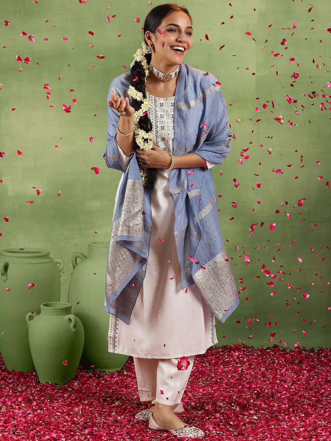 Libas Floral Embroidered Sequinned Straight Kurta With Trousers & Dupatta, Off white
Libas Floral Embroidered Sequinned Straight Kurta With Trousers & Dupatta, Off white