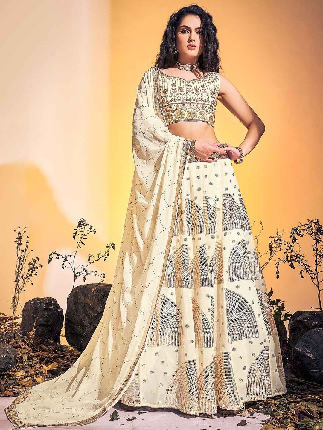 ODETTE Embroidered Sequinned Ready to Wear Lehenga & Blouse With Dupatta, Off white
ODETTE Embroidered Sequinned Ready to Wear Lehenga & Blouse With Dupatta, Off white