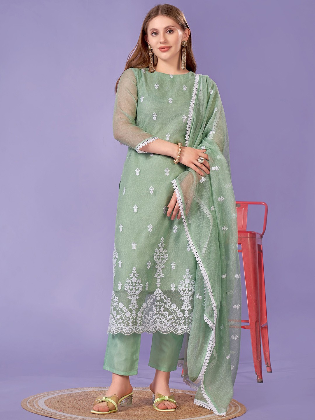 HERE&NOW Ethnic Motifs Embroidered Thread Work Net Straight Kurta With Trouser & Dupatta, Green
HERE&NOW Ethnic Motifs Embroidered Thread Work Net Straight Kurta With Trouser & Dupatta, Green