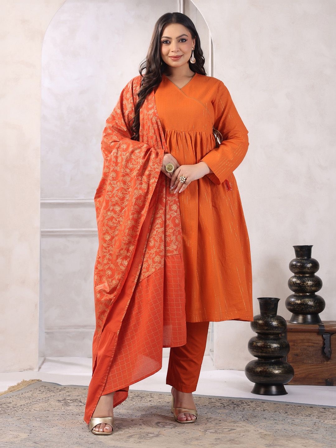 Janasya Plus Size Striped Pure Cotton Anarkali Kurta With Trousers & Dupatta, Orange
Janasya Plus Size Striped Pure Cotton Anarkali Kurta With Trousers & Dupatta, Orange