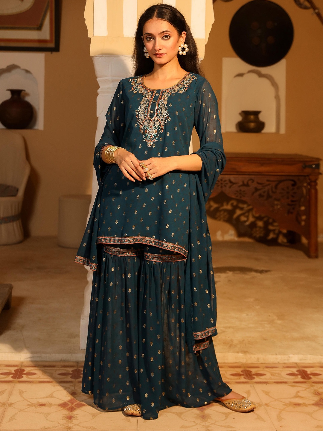 Juniper Floral Printed Sequinned Georgette Straight Kurti With Sharara & Dupatta, Teal
Juniper Floral Printed Sequinned Georgette Straight Kurti With Sharara & Dupatta, Teal