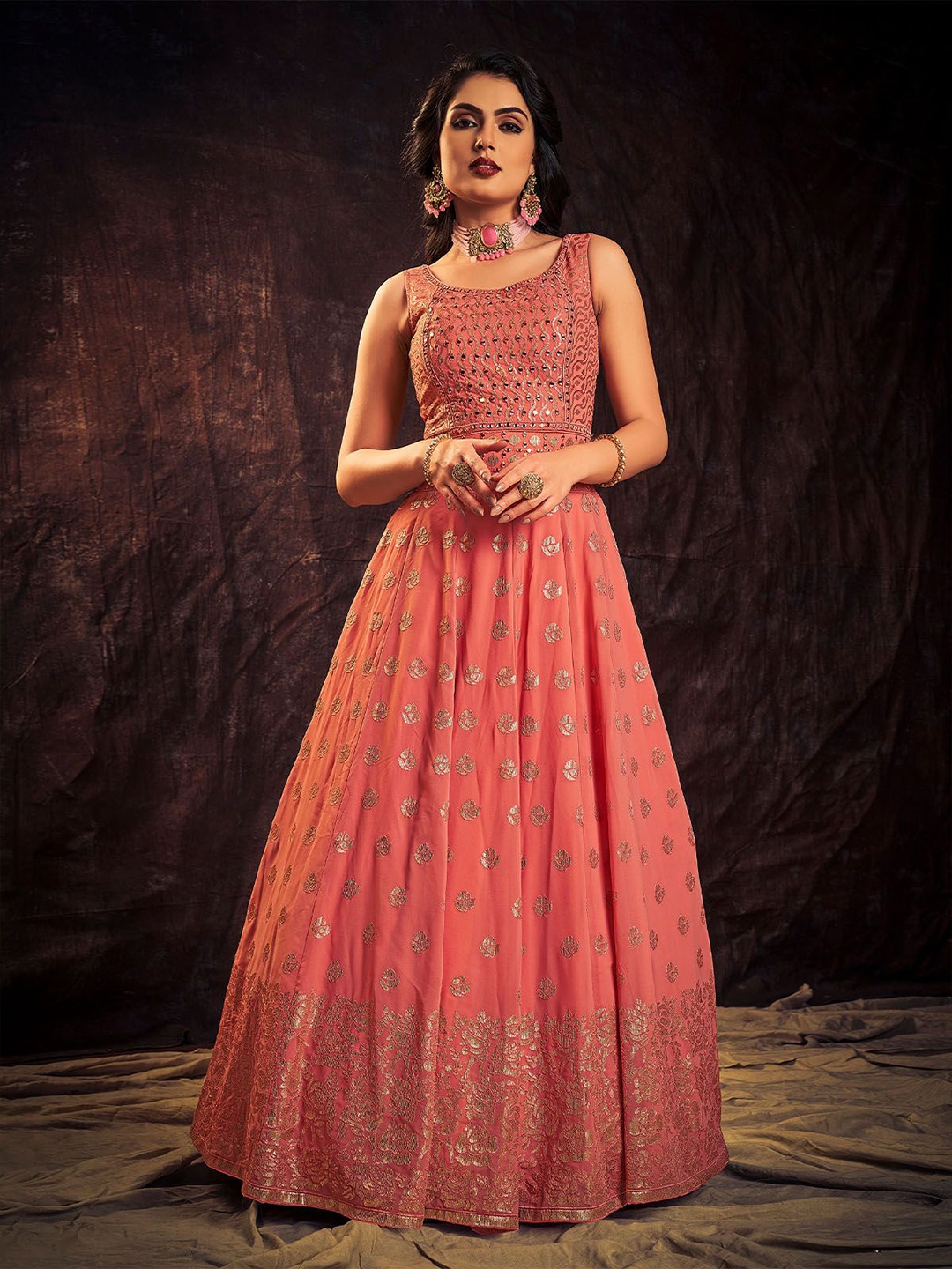 ODETTE Floral Embroidered Sequinned Georgette Fit and Flare Maxi Ethnic Dress, Coral
ODETTE Floral Embroidered Sequinned Georgette Fit and Flare Maxi Ethnic Dress, Coral
