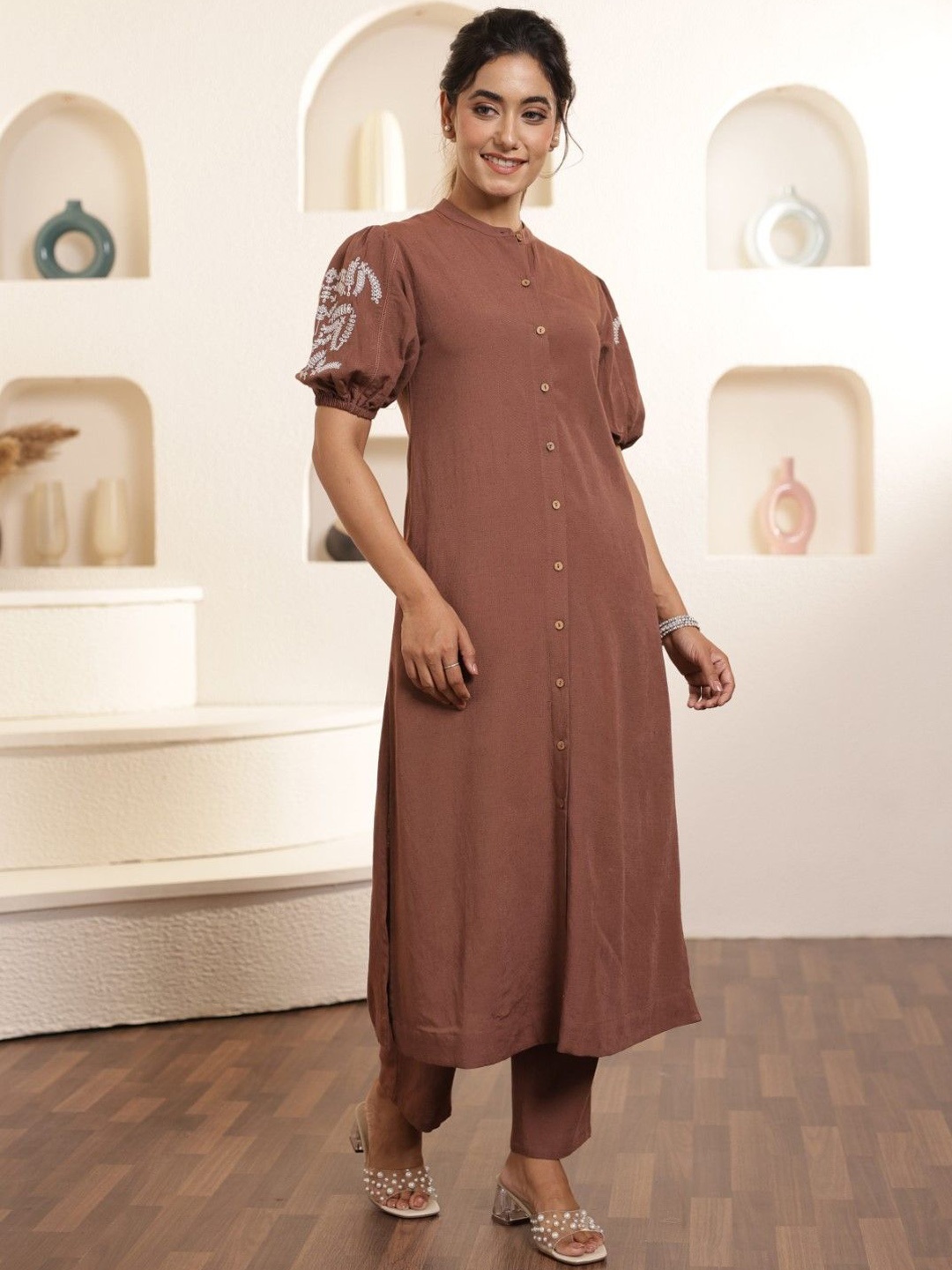 AUTUMN LANE Band Collar Embroidered Puffed Sleeves Pure Cotton Top with Trouser Co-Ords, Brown
AUTUMN LANE Band Collar Embroidered Puffed Sleeves Pure Cotton Top with Trouser Co-Ords, Brown