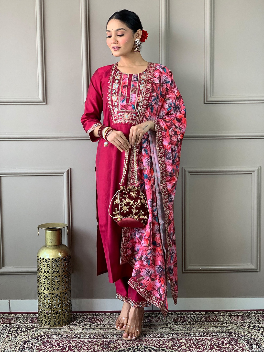 CaniBani Ethnic Motifs Yoke Design Chanderi Silk Straight Kurta With Trouser & Dupatta, Maroon
CaniBani Ethnic Motifs Yoke Design Chanderi Silk Straight Kurta With Trouser & Dupatta, Maroon