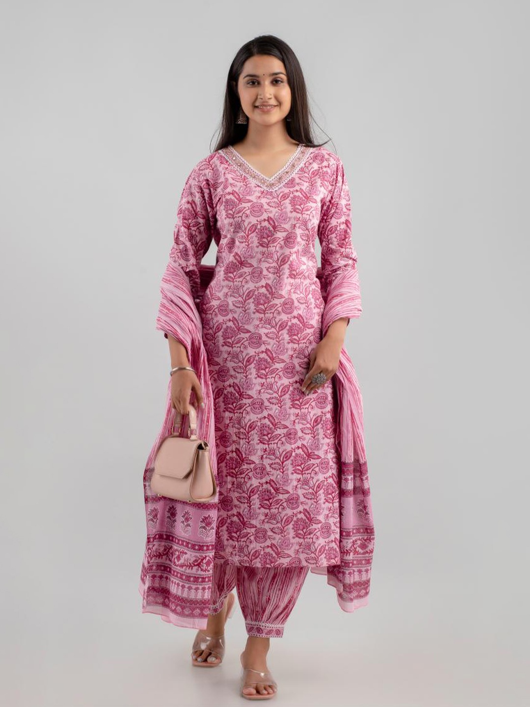 Jasoriya Floral Printed Mirror Work Pure Cotton Straight Kurta with Trousers & Dupatta, Pink
Jasoriya Floral Printed Mirror Work Pure Cotton Straight Kurta with Trousers & Dupatta, Pink
