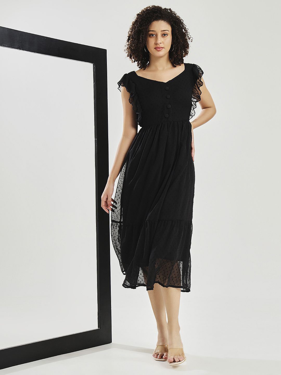 CARTYSHOP Women Sweetheart Neck Flutter Sleeves Self Design Fit & Flare Midi Dress, Black
CARTYSHOP Women Sweetheart Neck Flutter Sleeves Self Design Fit & Flare Midi Dress, Black