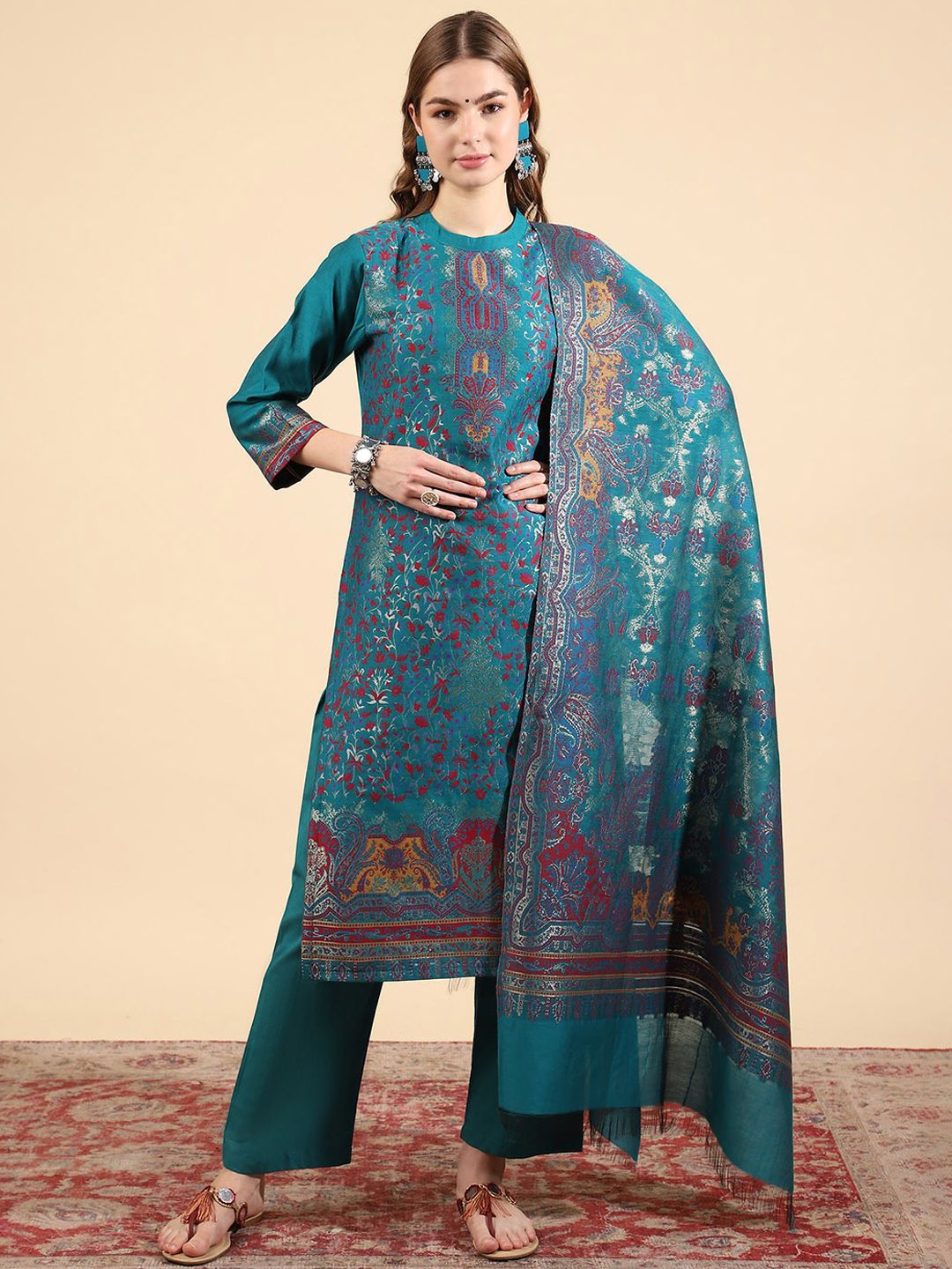 KIDAR Floral Zari Woven Design Jacquard Cotton Silk Straight Kurta With Trousers & Dupatta, Green
KIDAR Floral Zari Woven Design Jacquard Cotton Silk Straight Kurta With Trousers & Dupatta, Green
