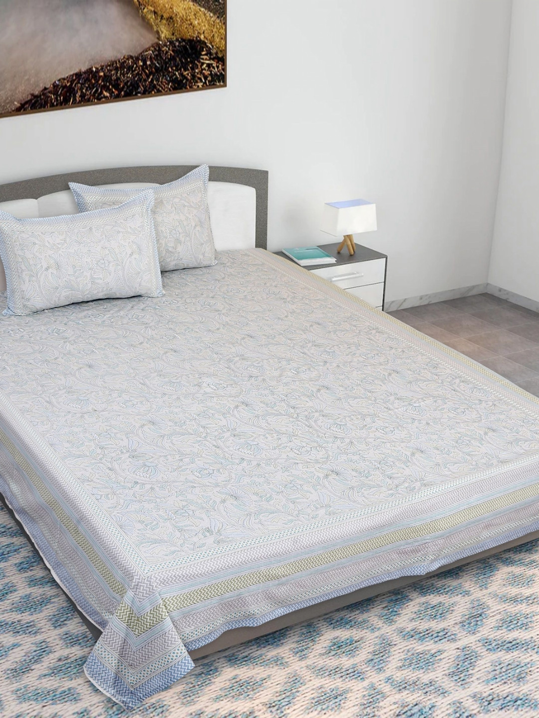 Texstylers Blue & Green Kantha Printed 210 TC Cotton Queen Bedsheet With 2 Pillow Covers
Texstylers Blue & Green Kantha Printed 210 TC Cotton Queen Bedsheet With 2 Pillow Covers