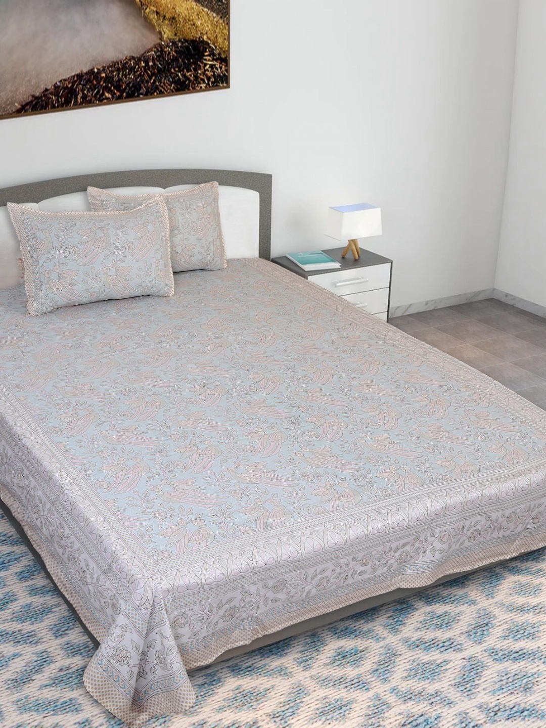Texstylers Grey & Pink Kantha Printed 210 TC Cotton Queen Bedsheet With 2 Pillow Covers
Texstylers Grey & Pink Kantha Printed 210 TC Cotton Queen Bedsheet With 2 Pillow Covers