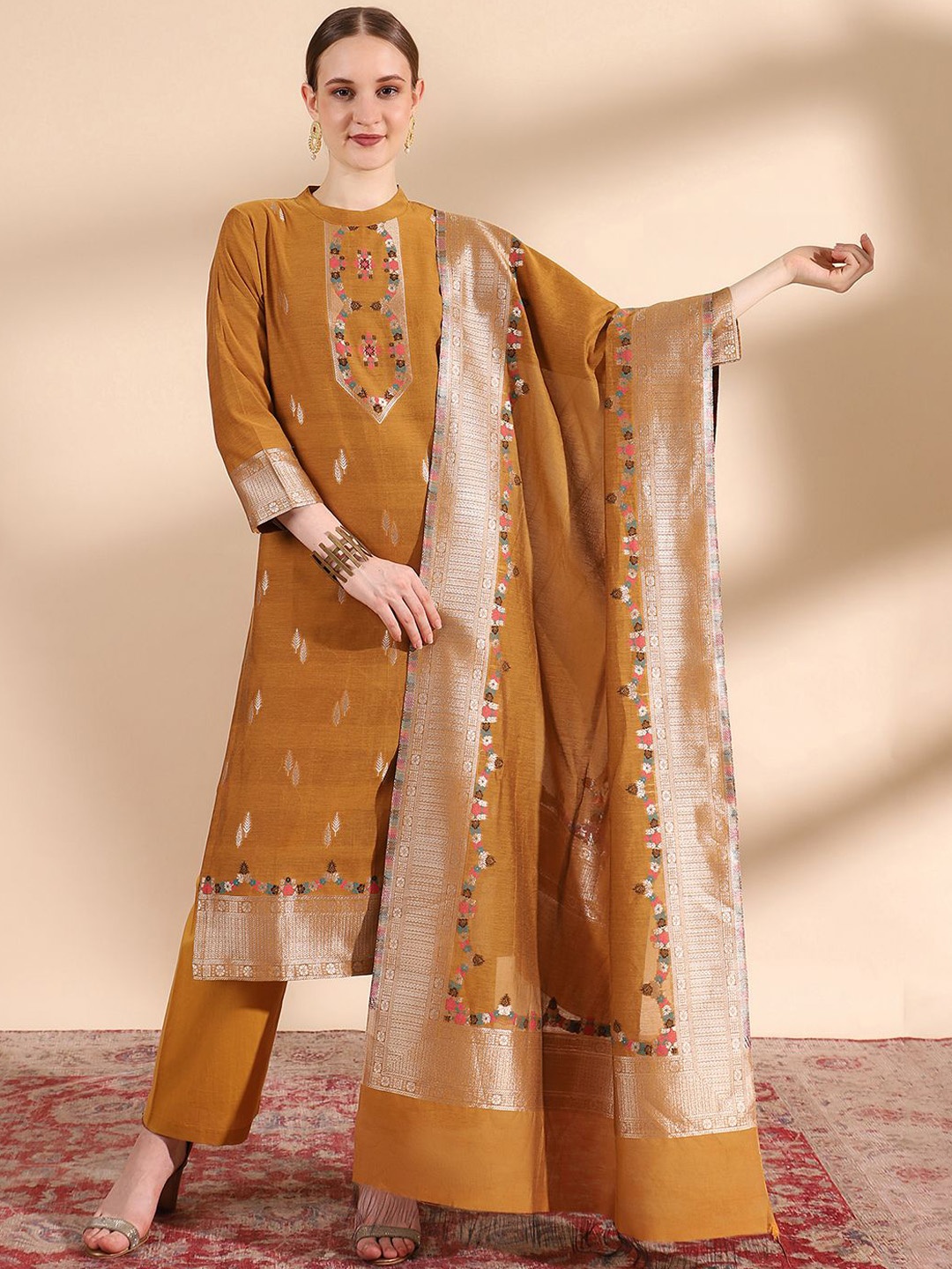 KIDAR Floral Zari Woven Design Jacquard Straight Kurta With Trousers & Dupatta, Yellow
KIDAR Floral Zari Woven Design Jacquard Straight Kurta With Trousers & Dupatta, Yellow