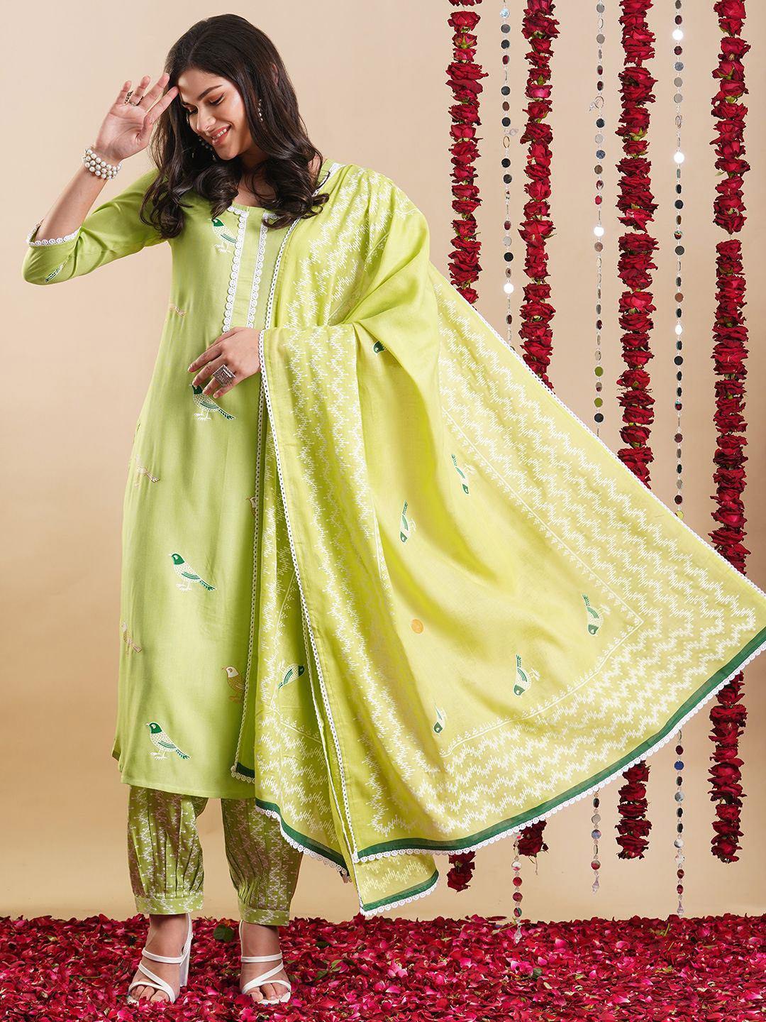 KALINI Ethnic Motifs Printed Thread Work Straight Kurta With Salwar & Dupatta, Green 
KALINI Ethnic Motifs Printed Thread Work Straight Kurta With Salwar & Dupatta, Green