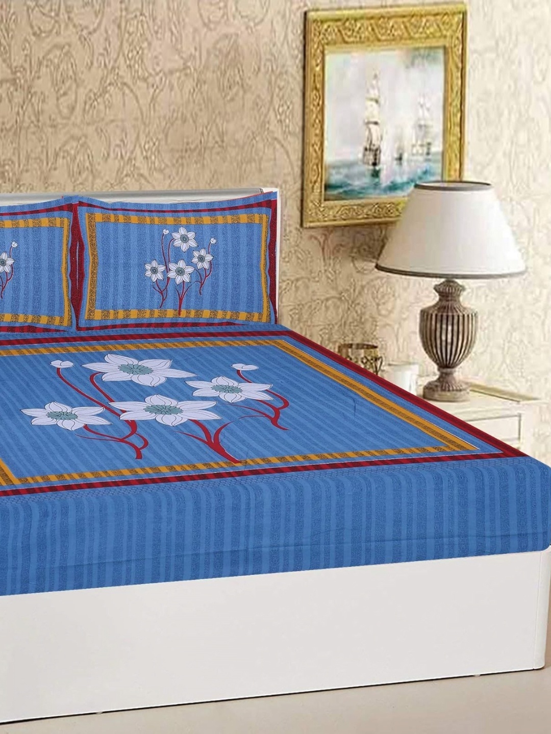 AYAT COLLECTION Blue Floral Printed Pure Cotton 144 TC Queen Bedsheet & 2 Pillow Covers
AYAT COLLECTION Blue Floral Printed Pure Cotton 144 TC Queen Bedsheet & 2 Pillow Covers