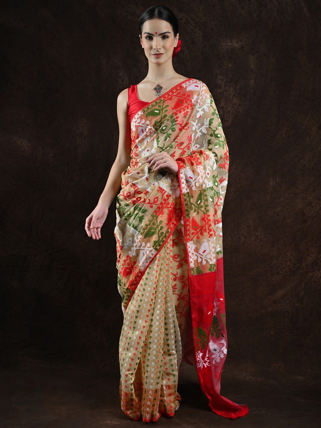 Exotic India Jamdani Saree with Multicolor Woven Heart Shape Bootis and Floral Vines, Beige
Exotic India Jamdani Saree with Multicolor Woven Heart Shape Bootis and Floral Vines, Beige