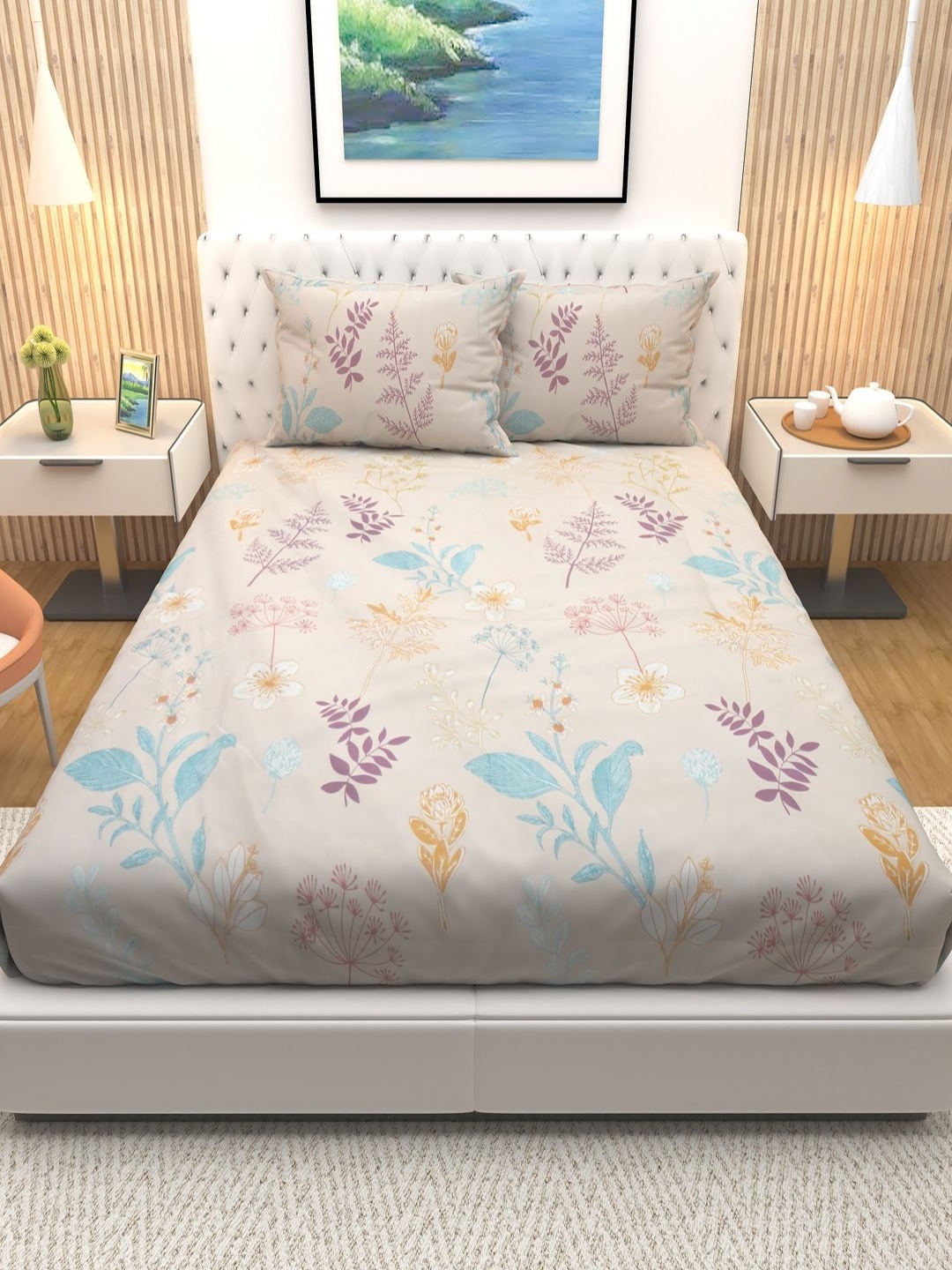 Aura Cream Colored & Blue Floral Printed Cotton 180 TC Queen Bedsheet with 2 Pillow Covers
Aura Cream Colored & Blue Floral Printed Cotton 180 TC Queen Bedsheet with 2 Pillow Covers