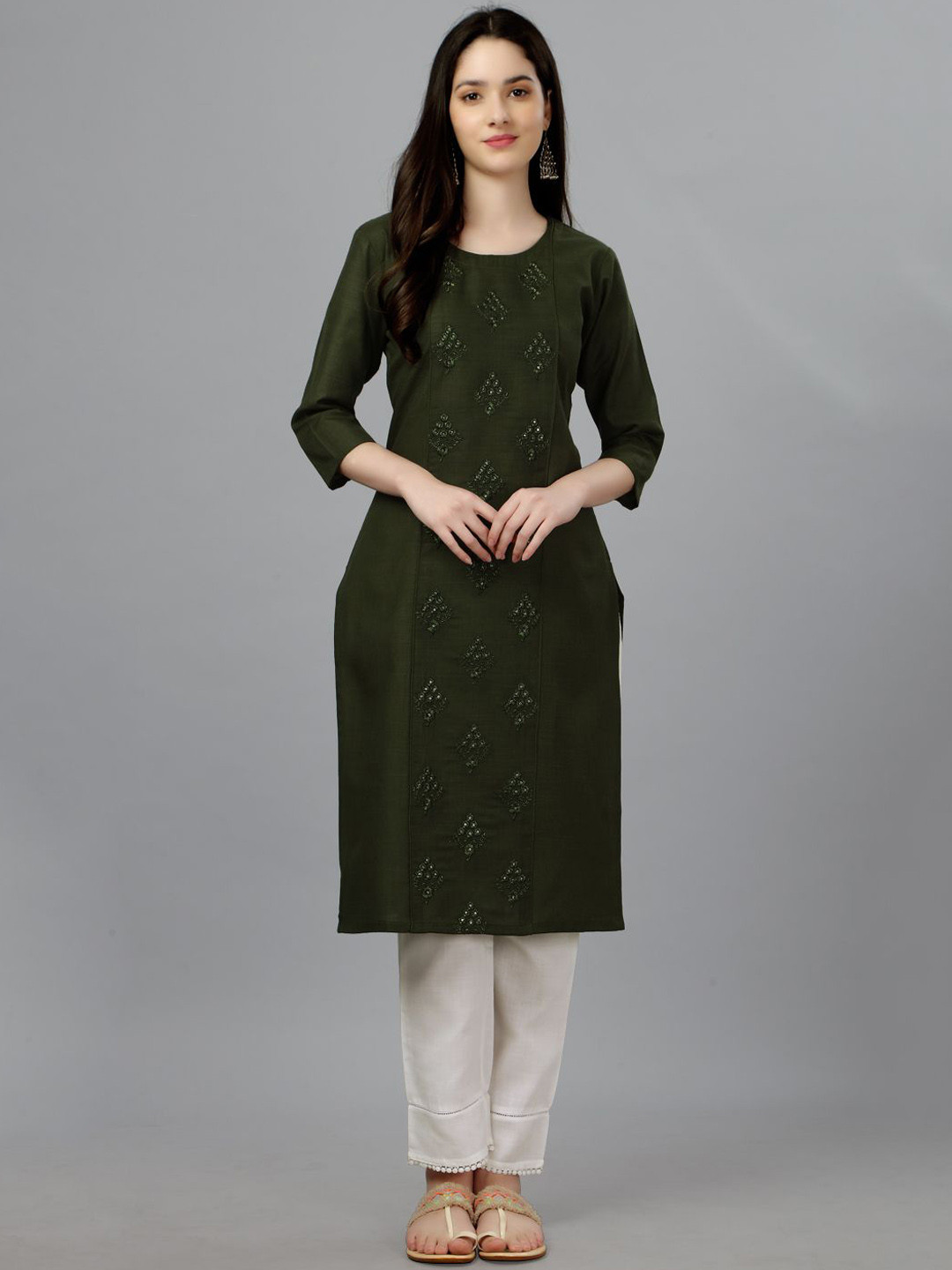 KAYOMMI Floral Embroidered Sequinned Cotton Straight Kurta, Olive 
KAYOMMI Floral Embroidered Sequinned Cotton Straight Kurta, Olive