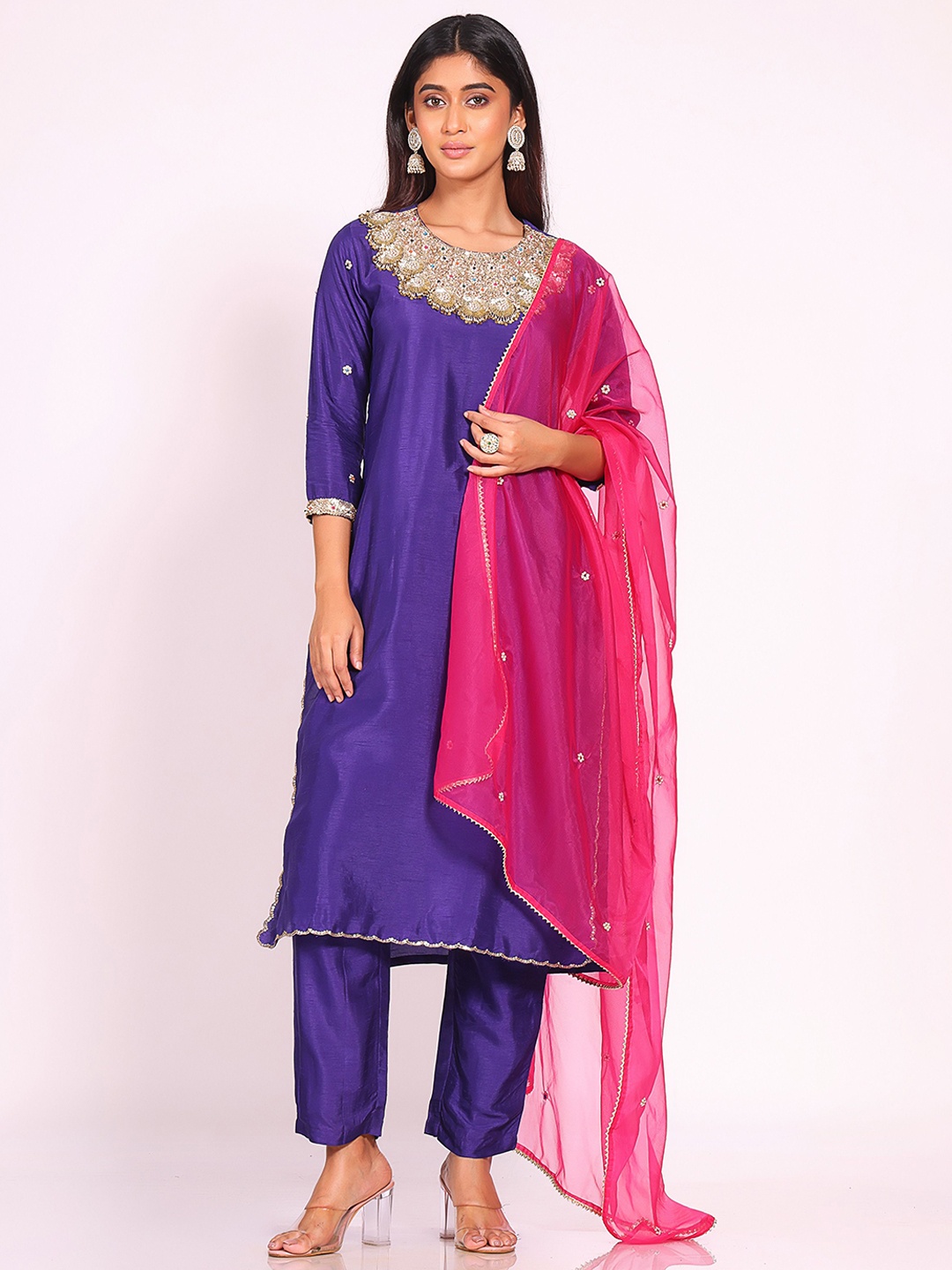 ORAT Ethnic Motifs Embroidered Zari Pure Silk Kurta With Trousers & Dupatta, Purple
ORAT Ethnic Motifs Embroidered Zari Pure Silk Kurta With Trousers & Dupatta, Purple
