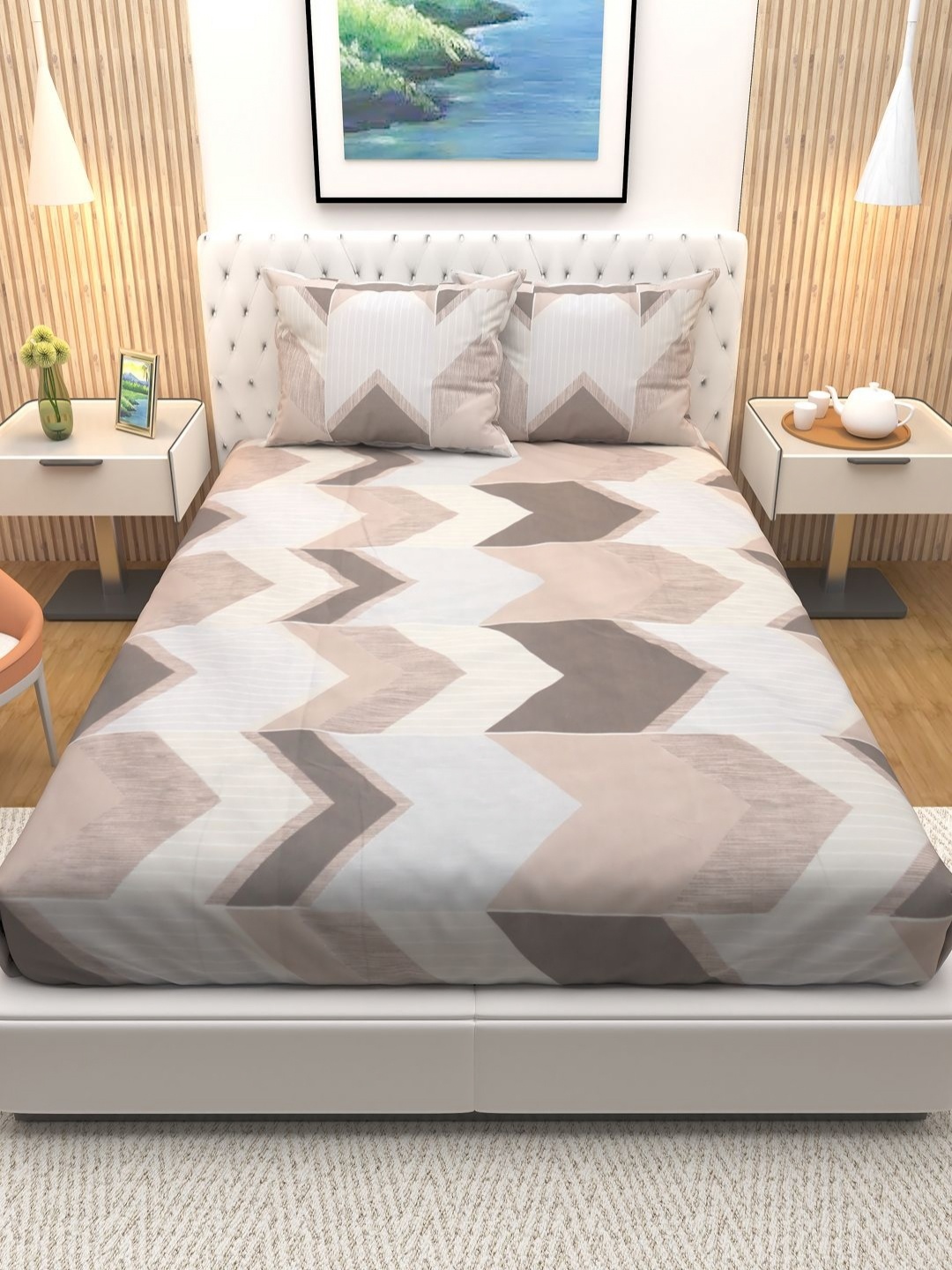 Aura White & Brown Geometric Printed Cotton 180 TC Queen Bedsheet with 2 Pillow Covers
Aura White & Brown Geometric Printed Cotton 180 TC Queen Bedsheet with 2 Pillow Covers