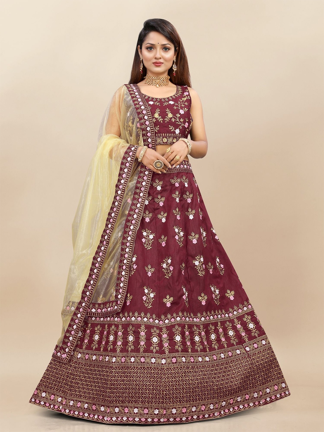 LADY SHOPI Embroidered Thread Work Semi-Stitched Lehenga & Unstitched Blouse With Dupatta, Maroon
LADY SHOPI Embroidered Thread Work Semi-Stitched Lehenga & Unstitched Blouse With Dupatta, Maroon