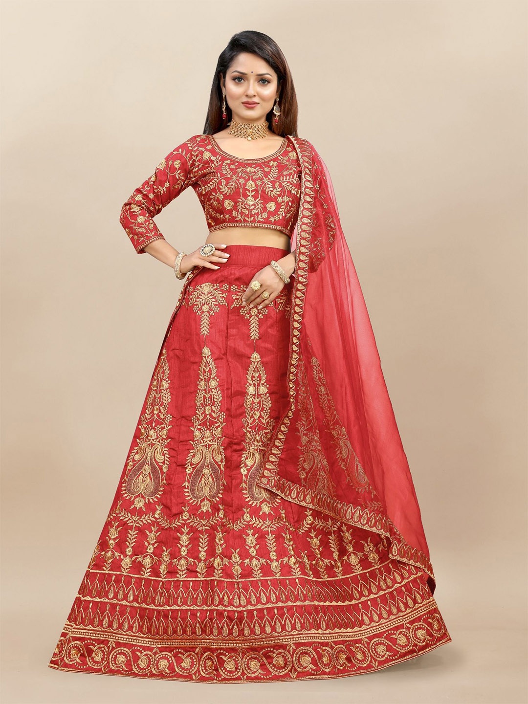 LADY SHOPI Embroidered Thread Work Semi-Stitched Lehenga & Unstitched Blouse With Dupatta, Red
LADY SHOPI Embroidered Thread Work Semi-Stitched Lehenga & Unstitched Blouse With Dupatta, Red