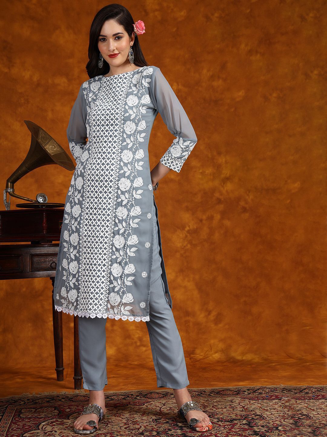 KALINI Floral Embroidered Chikankari Georgette Straight Kurta With Trousers & Dupatta, Grey
KALINI Floral Embroidered Chikankari Georgette Straight Kurta With Trousers & Dupatta, Grey