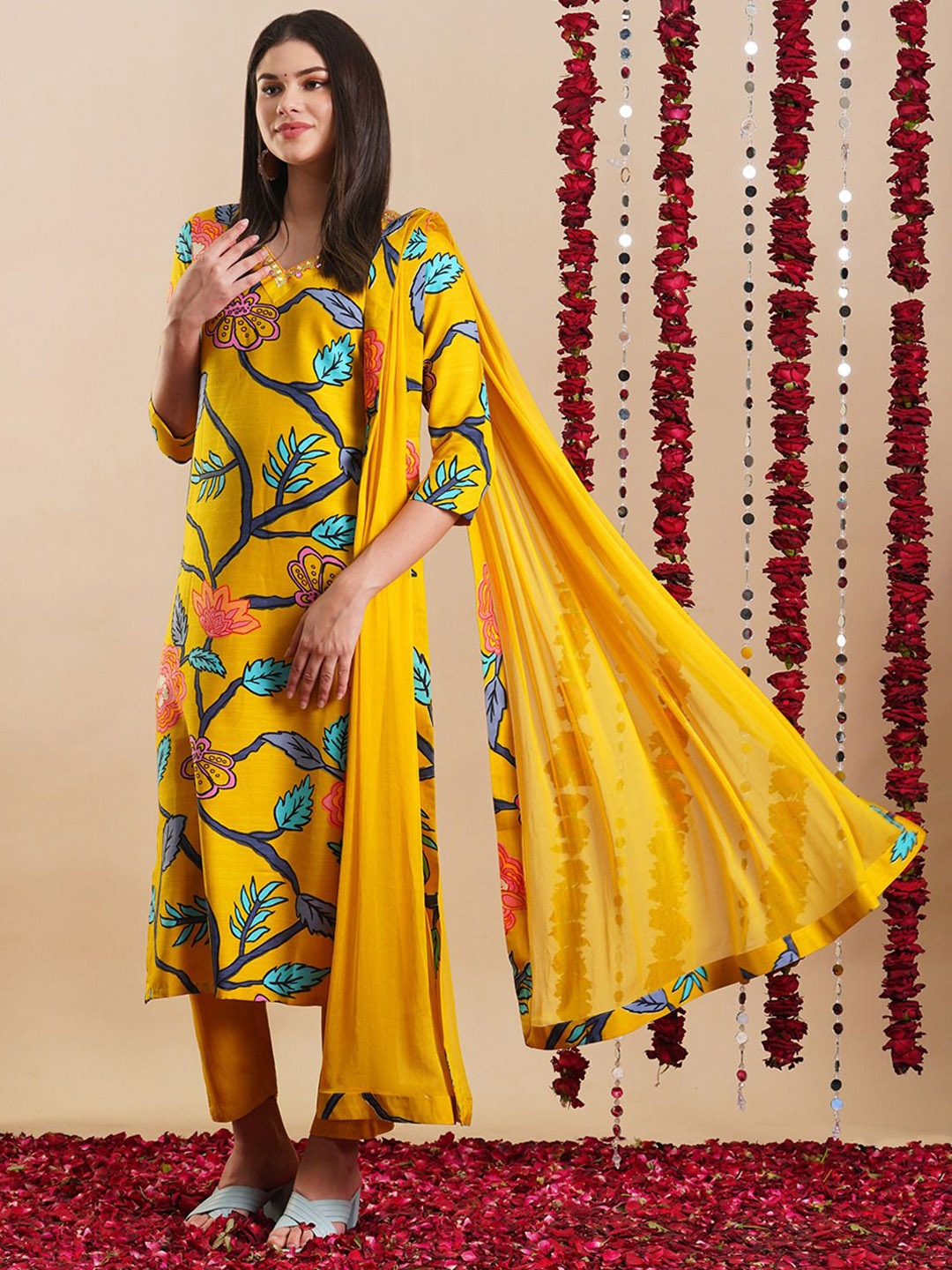 KALINI Floral Printed Beads and Stones Straight Kurta With Trouser & Dupatta, Yellow
KALINI Floral Printed Beads and Stones Straight Kurta With Trouser & Dupatta, Yellow