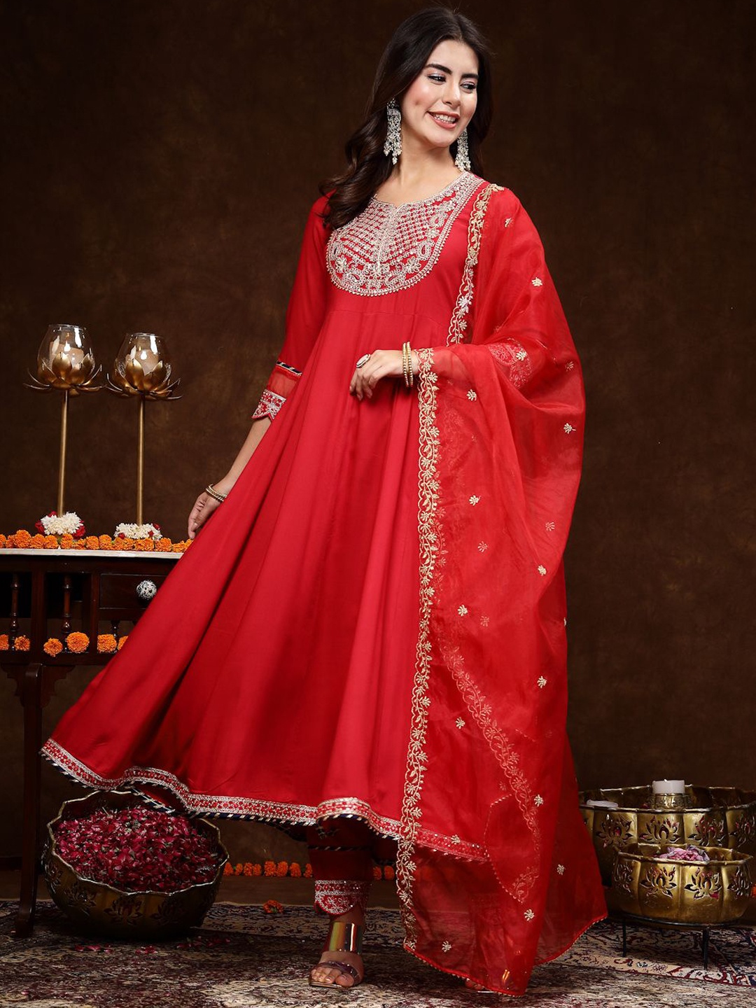 Stylum Red & Gold Toned Ethnic Motifs Embroidered Anarkali Kurta & Trousers With Dupatta
Stylum Red & Gold Toned Ethnic Motifs Embroidered Anarkali Kurta & Trousers With Dupatta