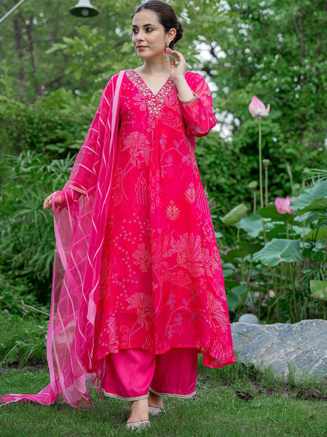 FASHION DWAR Bandhani Printed V-Neck Organza A-Line Kurta With Trousers & Dupatta, Pink
FASHION DWAR Bandhani Printed V-Neck Organza A-Line Kurta With Trousers & Dupatta, Pink