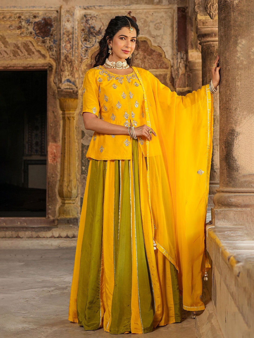 SCAKHI Embellished Gotta Patti Ready to Wear Lehenga & Blouse With Dupatta, Mustard
SCAKHI Embellished Gotta Patti Ready to Wear Lehenga & Blouse With Dupatta, Mustard