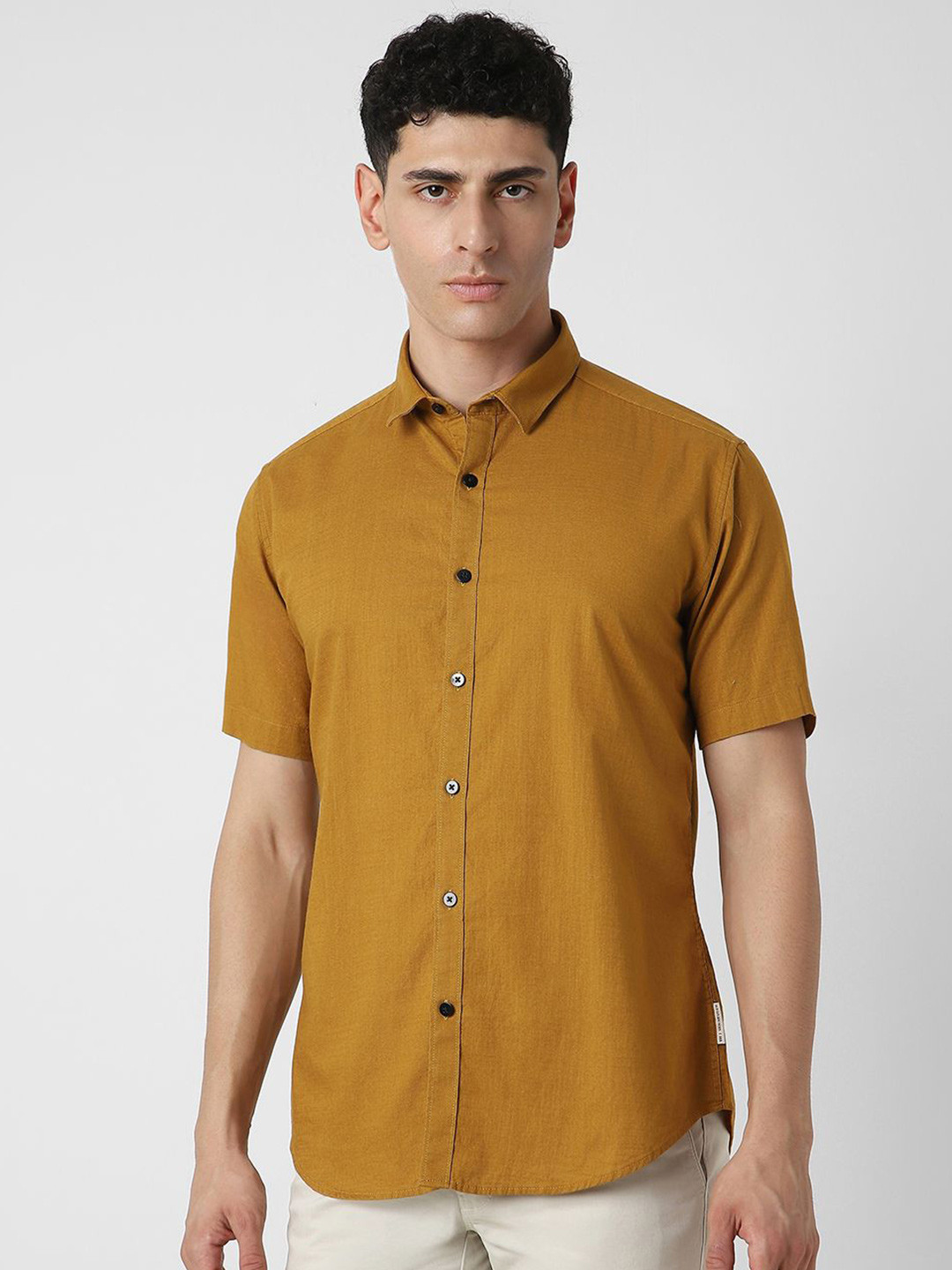 V Dot Men Spread Collar Solid Cotton Slim Fit Party Shirt, Yellow 
V Dot Men Spread Collar Solid Cotton Slim Fit Party Shirt, Yellow