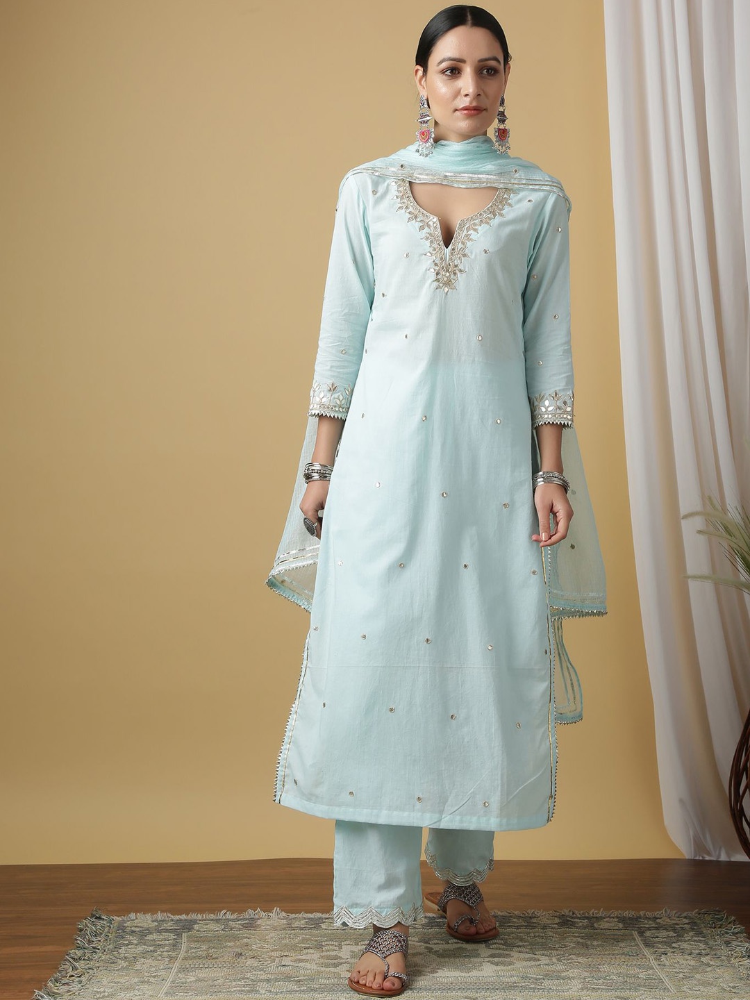 MAISON SHEFALI Ethnic Motifs Embroidered Pure Cotton Straight Kurta With Trouser & Dupatta, Blue
MAISON SHEFALI Ethnic Motifs Embroidered Pure Cotton Straight Kurta With Trouser & Dupatta, Blue