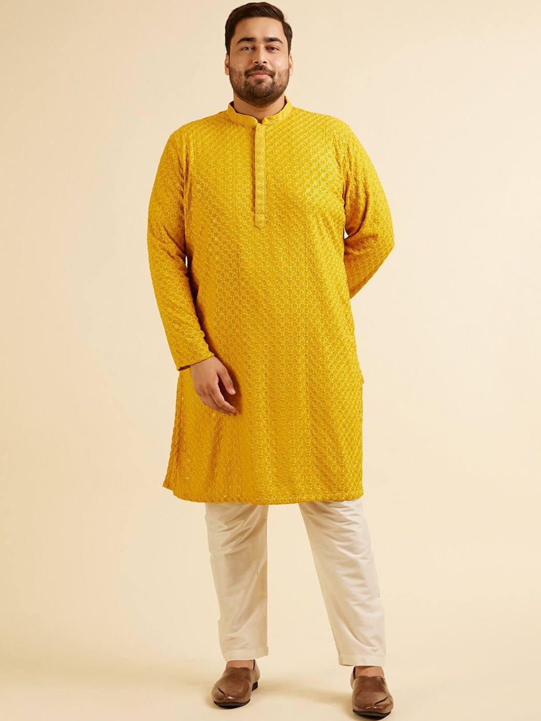 Manyavar Plus Size Ethnic Motifs Embroidered Thread Work Kurta with Pyjamas, Mustard
Manyavar Plus Size Ethnic Motifs Embroidered Thread Work Kurta with Pyjamas, Mustard