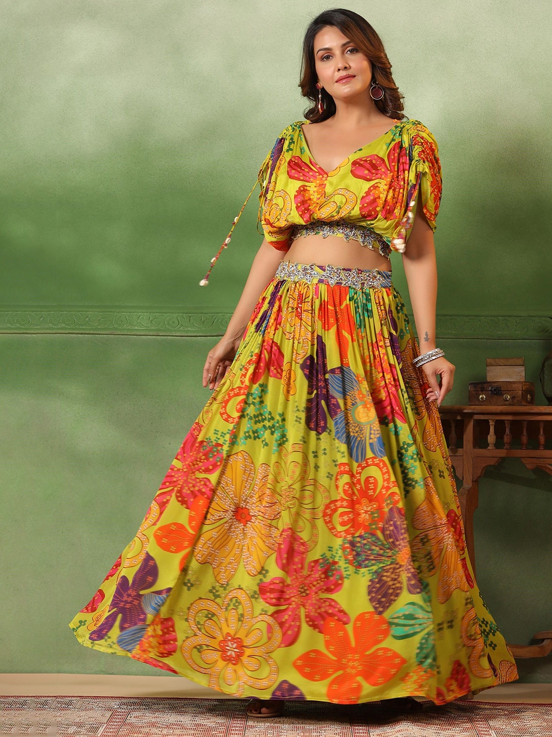 SCAKHI Floral Printed Beads and Stones Ready to Wear Lehenga & Choli, Lime green
SCAKHI Floral Printed Beads and Stones Ready to Wear Lehenga & Choli, Lime green