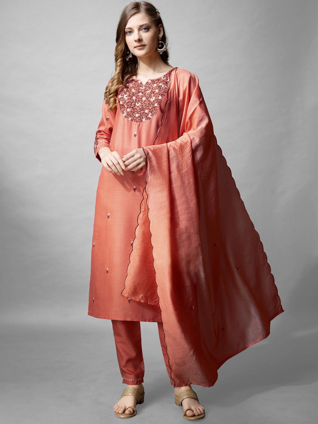 KAYOMMI Floral Embroidered Thread Work Straight Kurta with Churidar & Dupatta, Coral
KAYOMMI Floral Embroidered Thread Work Straight Kurta with Churidar & Dupatta, Coral