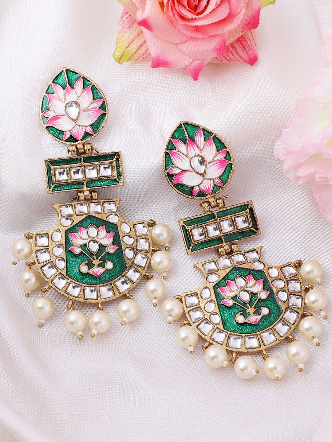 ANIKAS CREATION Gold-Plated Kundan Studded Contemporary Meenakari Drop Earrings, Green
ANIKAS CREATION Gold-Plated Kundan Studded Contemporary Meenakari Drop Earrings, Green