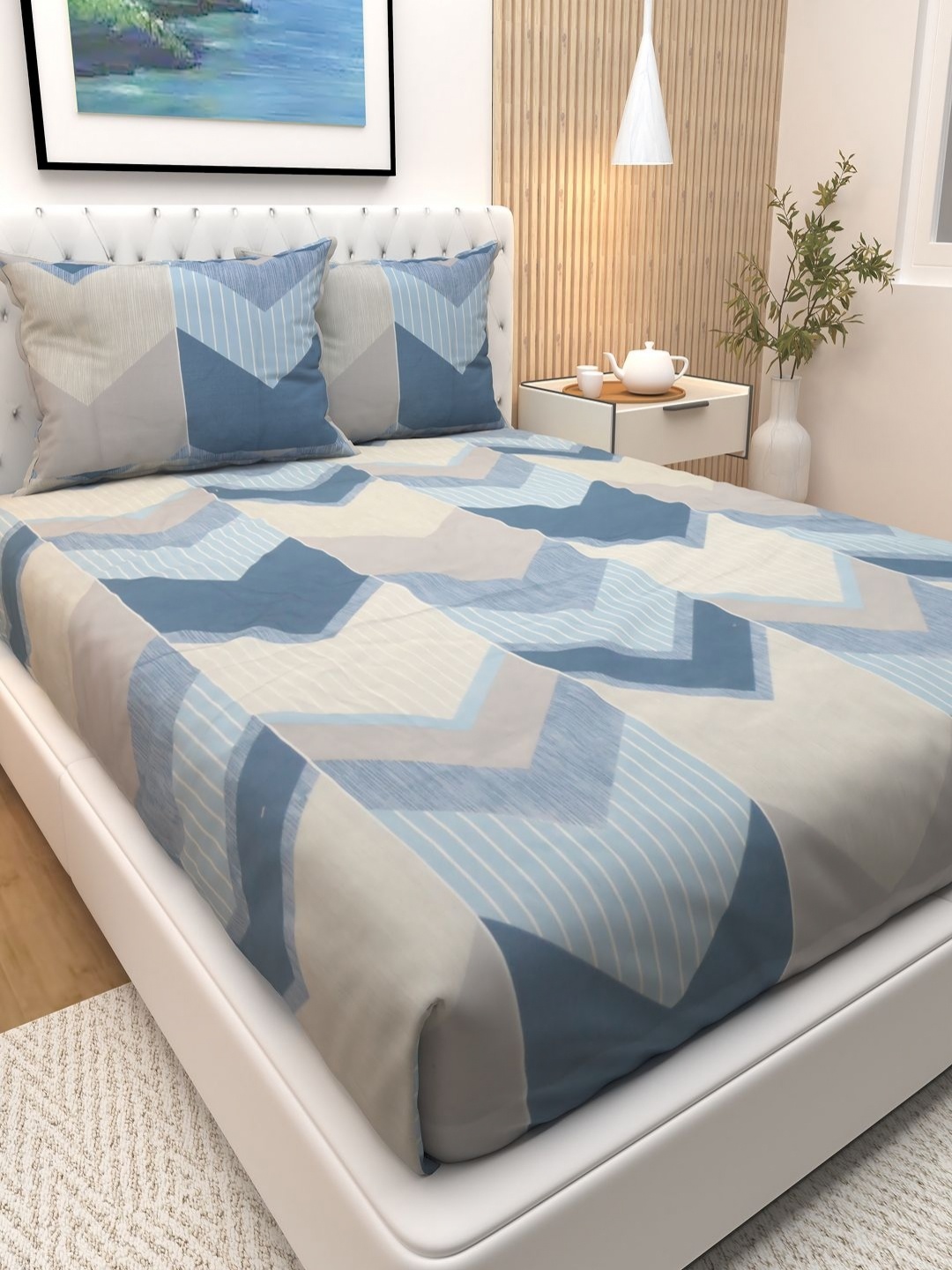Athom Living Blue & Beige Geometric Printed Cotton 180 TC Queen Bedsheet & 2 Pillow Covers
Athom Living Blue & Beige Geometric Printed Cotton 180 TC Queen Bedsheet & 2 Pillow Covers