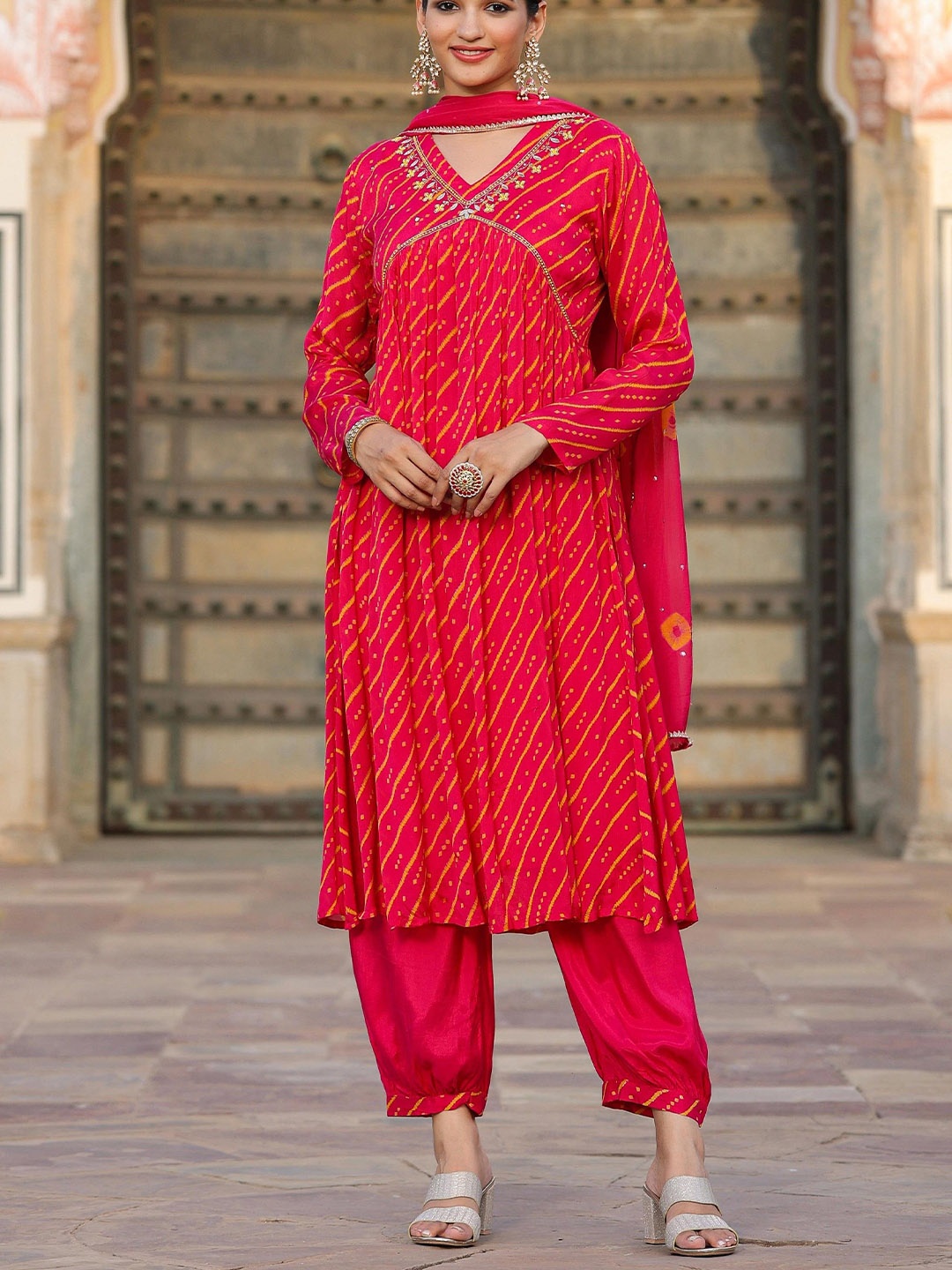 SCAKHI Bandhani Embroidered Empire Sequinned Anarkali Kurta With Patiala & Dupatta, Fuchsia
SCAKHI Bandhani Embroidered Empire Sequinned Anarkali Kurta With Patiala & Dupatta, Fuchsia