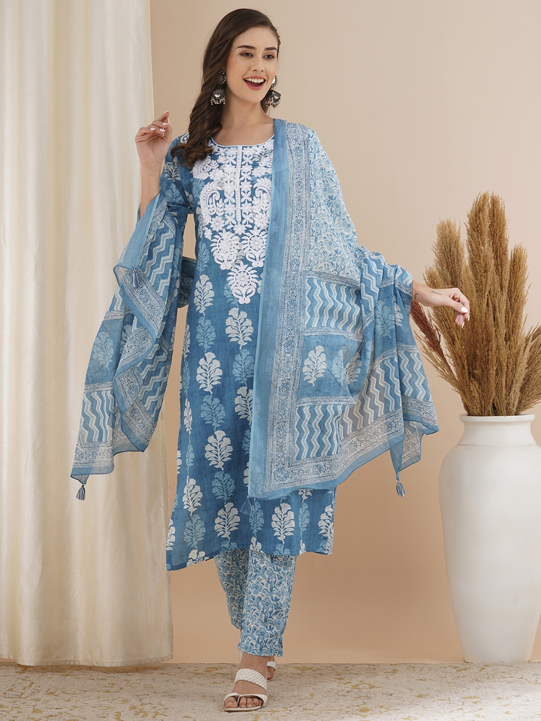 FASHOR Ethnic Motifs Printed Chikankari Pure Cotton Kurta With Trouser & Dupatta, Blue
FASHOR Ethnic Motifs Printed Chikankari Pure Cotton Kurta With Trouser & Dupatta, Blue