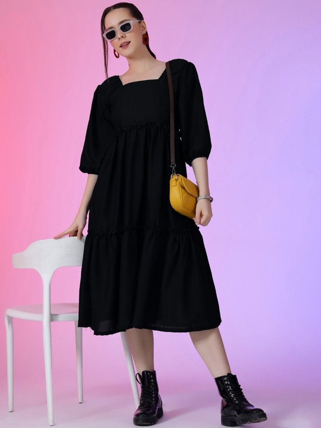 Krunal Raiyani Women Solid Puff Sleeve Applique Cotton Fit & Flare Knee Length Dress, Black
Krunal Raiyani Women Solid Puff Sleeve Applique Cotton Fit & Flare Knee Length Dress, Black