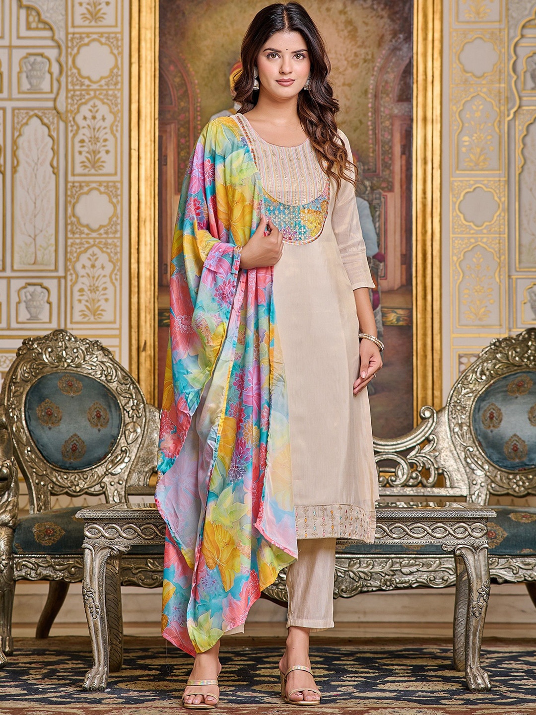KALINI Floral Embroidered Sequinned Pure Silk Straight Kurta with Trousers & Dupatta, Beige
KALINI Floral Embroidered Sequinned Pure Silk Straight Kurta with Trousers & Dupatta, Beige