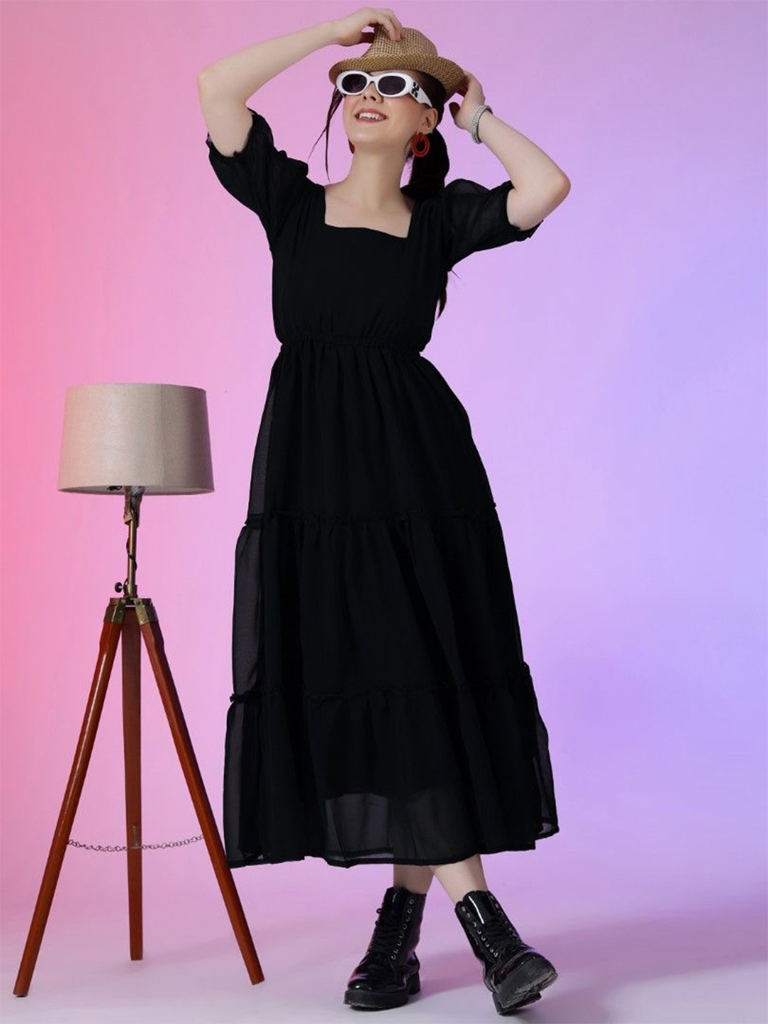 Women Raiyani Enterprise Puff Sleeve Applique Georgette Fit & Flare Maxi Dress, Black
Women Raiyani Enterprise Puff Sleeve Applique Georgette Fit & Flare Maxi Dress, Black