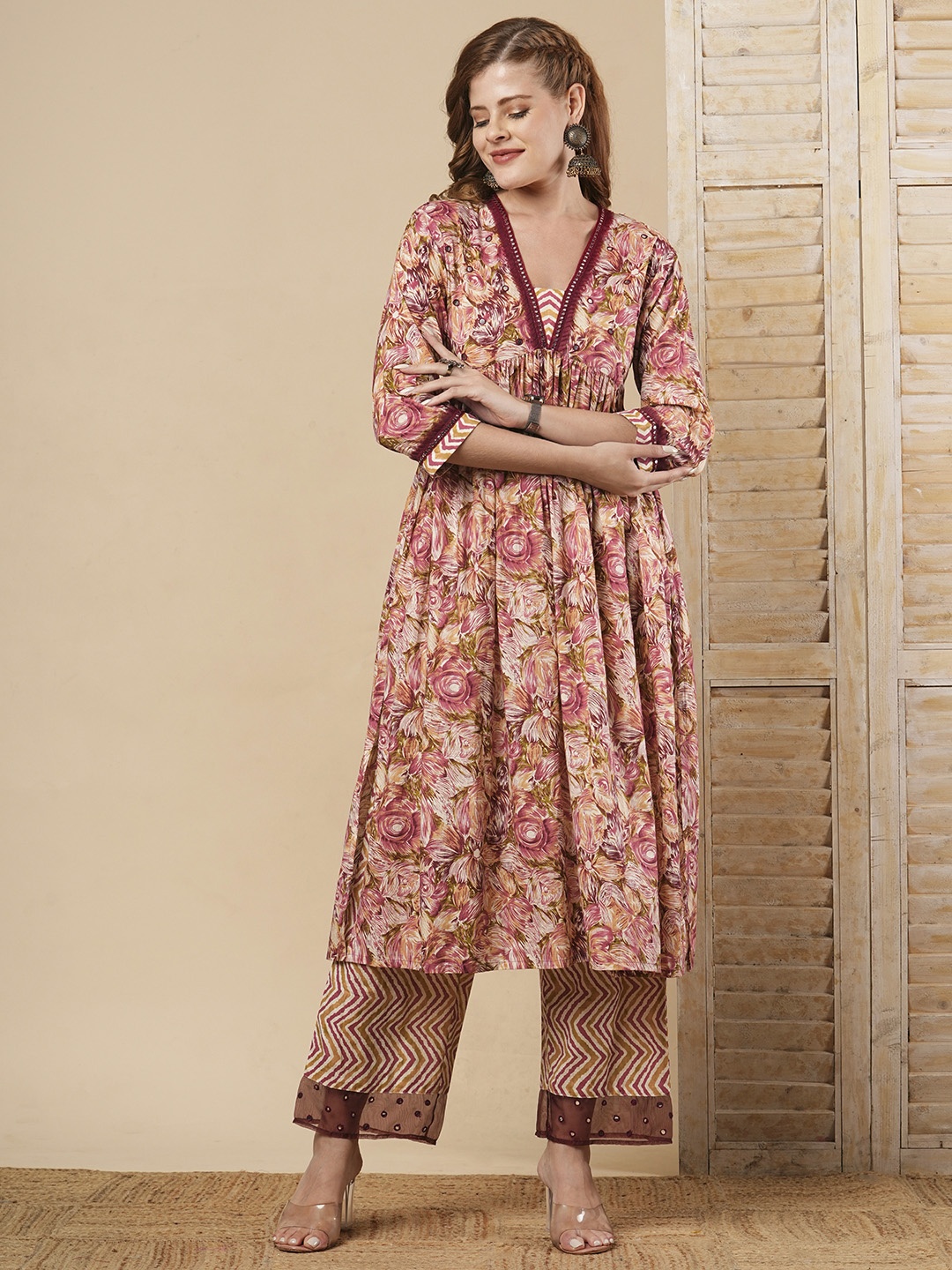 FASHOR Floral Printed Pleated Mirror Work Pure Cotton A-Line Kurta With Palazzo, Maroon
FASHOR Floral Printed Pleated Mirror Work Pure Cotton A-Line Kurta With Palazzo, Maroon