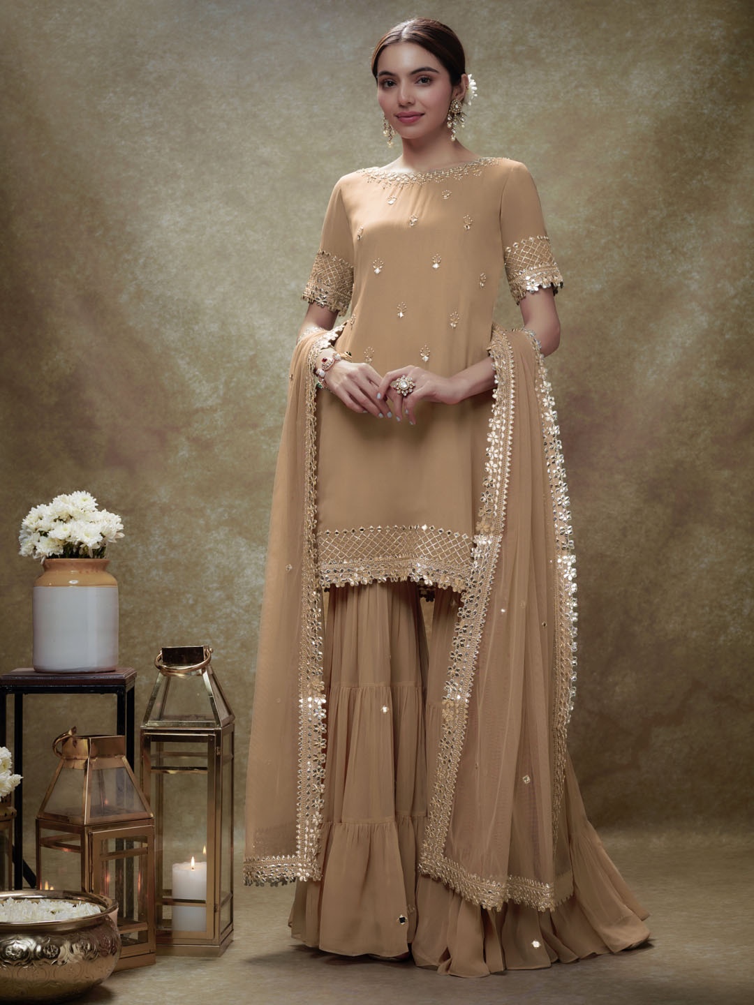 Renee Label Floral Embroidered Regular Mirror Work Kurta With Sharara With Dupatta, Beige
Renee Label Floral Embroidered Regular Mirror Work Kurta With Sharara With Dupatta, Beige