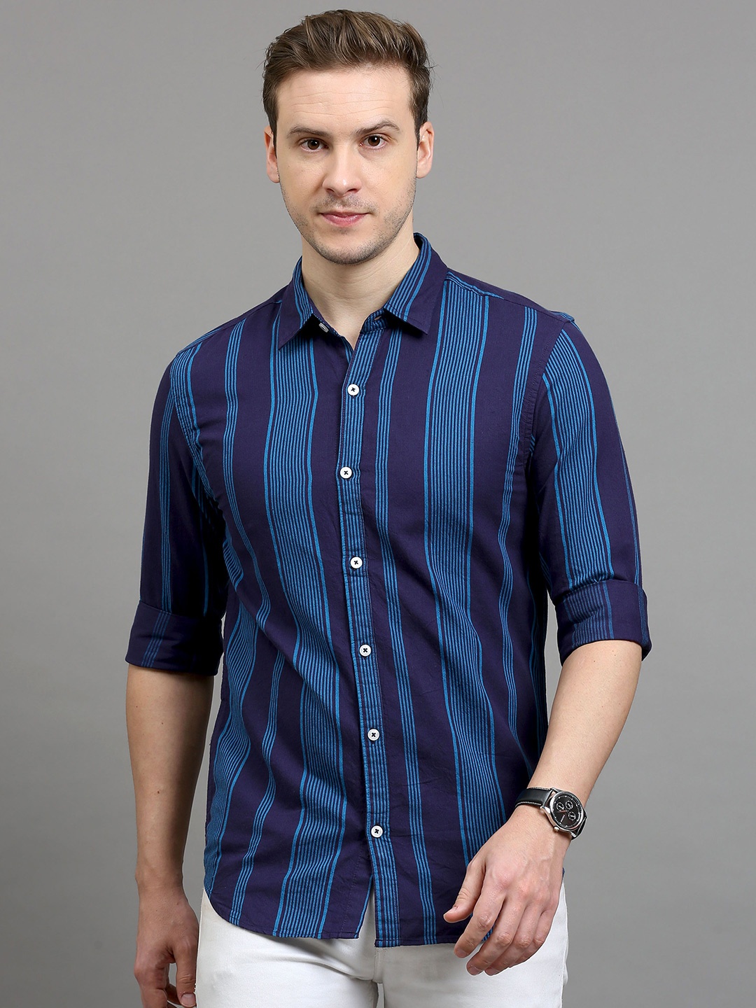 Rope Men Standard Spread Collar Horizontal Striped Cotton Slim Fit Casual Shirt, Navy blue
Rope Men Standard Spread Collar Horizontal Striped Cotton Slim Fit Casual Shirt, Navy blue
