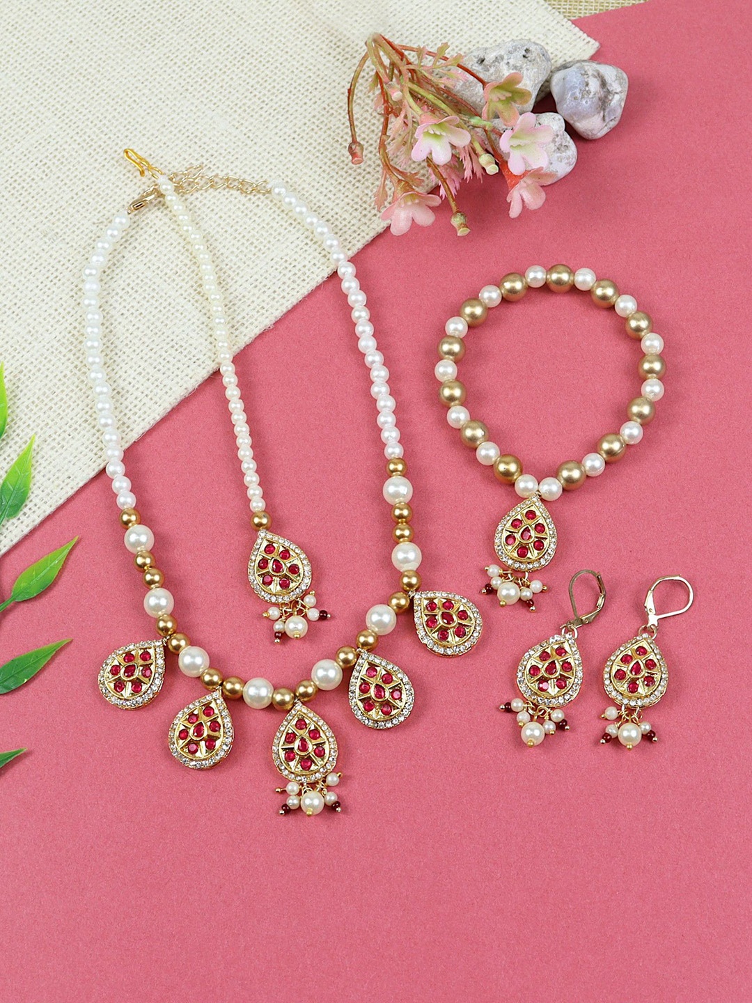 Asthetika Kids Girls Kundan Stone Studded & Beaded Necklace & Earrings Maang Tika Bracelet, Red
Asthetika Kids Girls Kundan Stone Studded & Beaded Necklace & Earrings Maang Tika Bracelet, Red