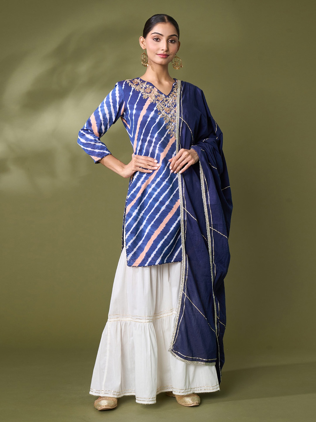Samyukta Singhani Leheriya Printed Thread Work Kurta with Sharara & Dupatta, Blue
Samyukta Singhani Leheriya Printed Thread Work Kurta with Sharara & Dupatta, Blue