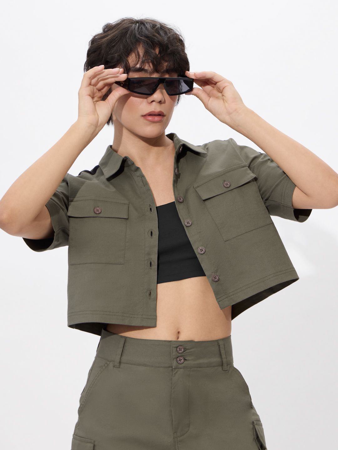 The Souled Store Women Solid Shirt Style Crop Cotton Top, Olive
The Souled Store Women Solid Shirt Style Crop Cotton Top, Olive