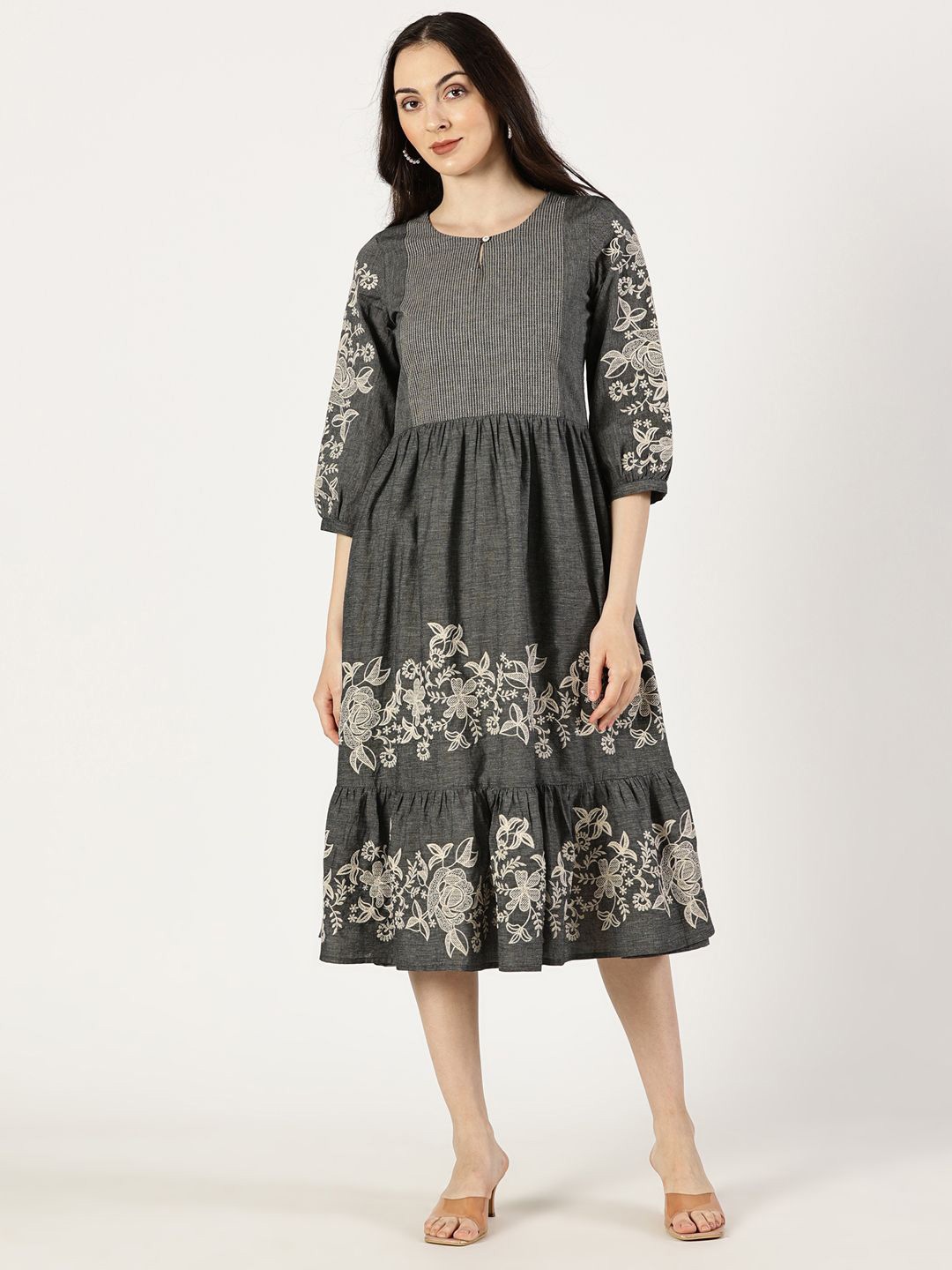 Saffron Threads Women Floral Embroidered Keyhole Neck Bishop Sleeve A-Line Midi Dress, Grey
Saffron Threads Women Floral Embroidered Keyhole Neck Bishop Sleeve A-Line Midi Dress, Grey