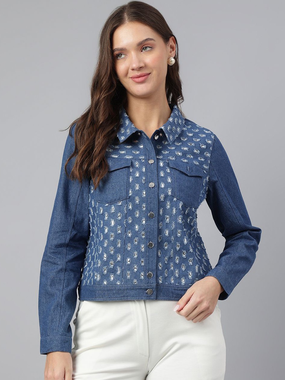 Latin Quarters Women Spread Collar Self Design Cotton Casual Denim Jacket, Blue
Latin Quarters Women Spread Collar Self Design Cotton Casual Denim Jacket, Blue