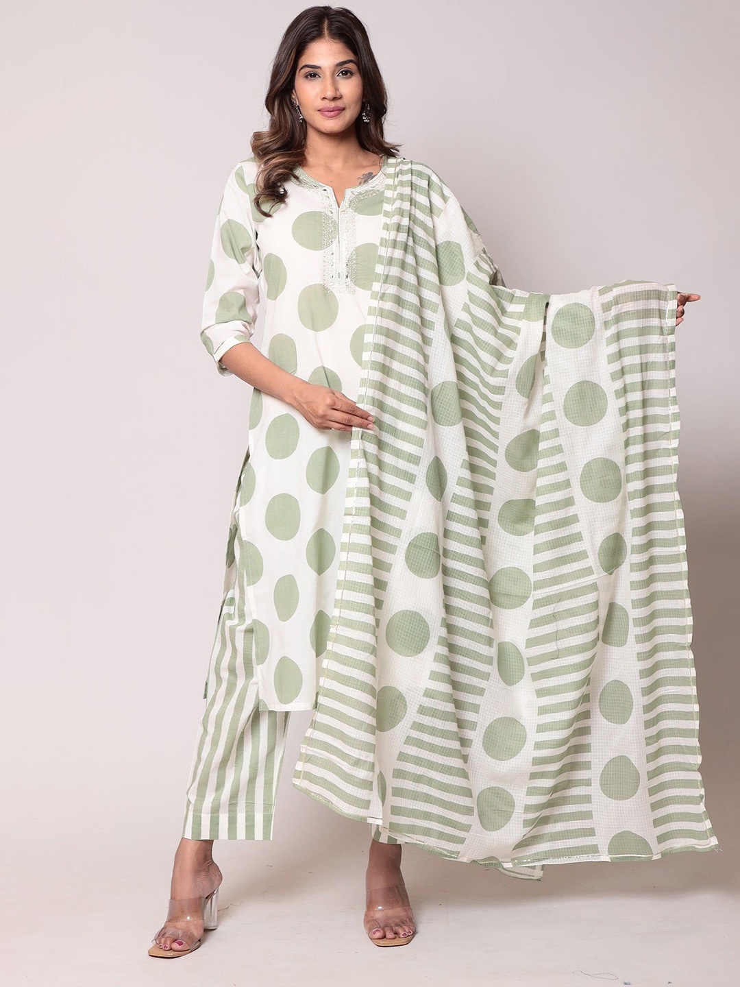 ZARI Polka Dot Printed Zari Notch Neck Pure Cotton Straight Kurta with Trousers & Dupatta, Green
ZARI Polka Dot Printed Zari Notch Neck Pure Cotton Straight Kurta with Trousers & Dupatta, Green